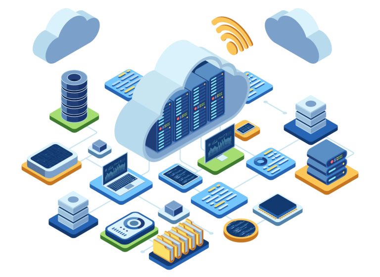 Graphic showing a large cloud with servers across it, with a tall server behind it and other technology linking to the cloud, represent cloud scaling.