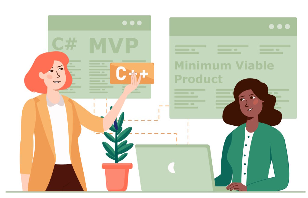 Graphic showing 2 female developers discussing the minimum viable product they are developing.