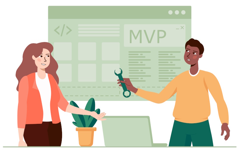 Graphic showing a develop building a MVP, and showing a female client.