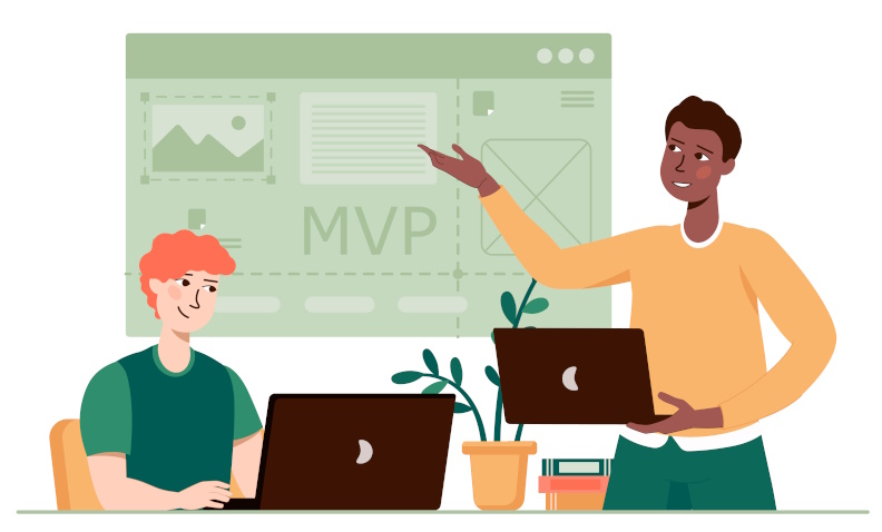 Graphic showing 2 developers, discussing the layout of an MVP.