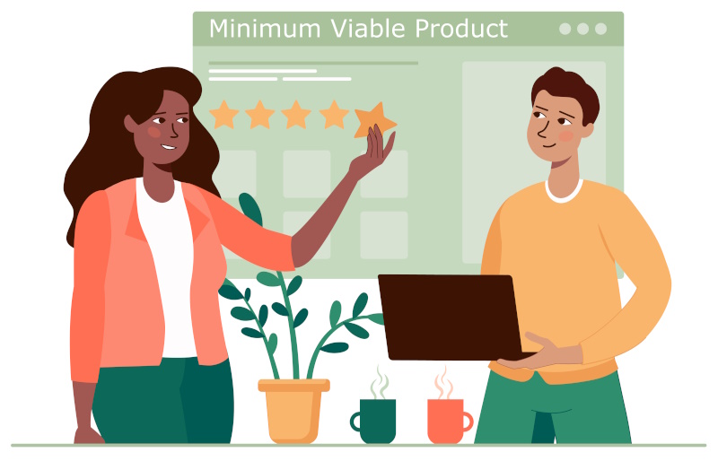 Graphic showing 2 people discussing the feedback received from an MVP.
