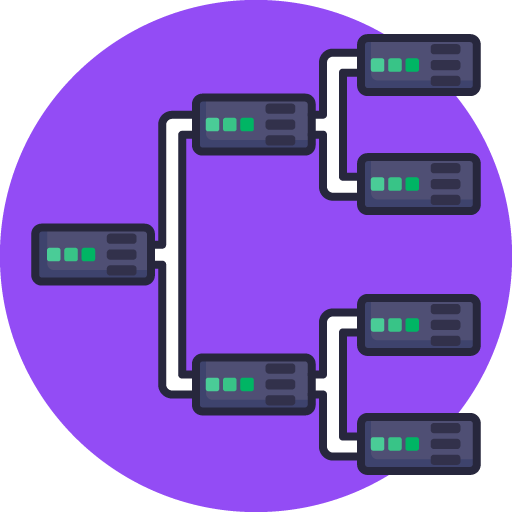 Graphic of many servers, starting with one and expanding into a branching diagram.