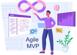 Graphic of a male software developer with a laptop and screens around him with code and a dev ops loop, with the wording Agile MVP.