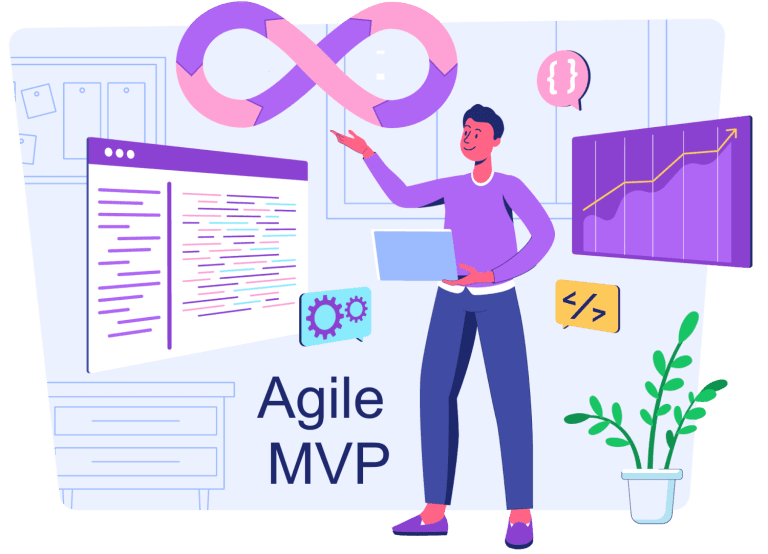 Graphic of a male software developer with a laptop and screens around him with code and a dev ops loop, with the wording Agile MVP.