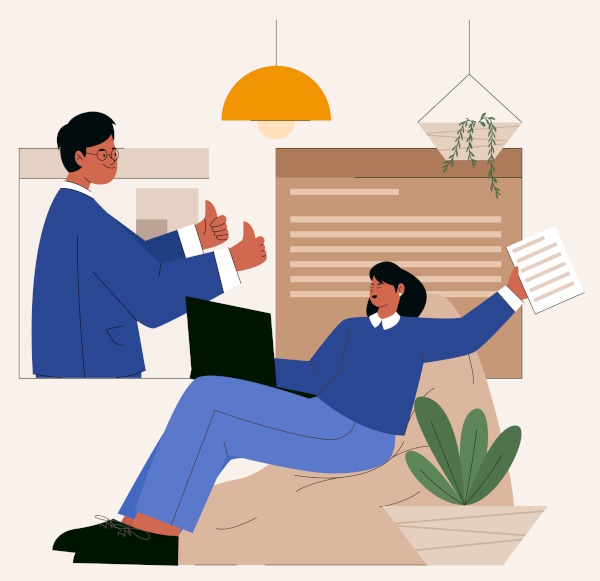 Graphic of man with thumbs up in an office setting and a woman with document and laptop to represent SLAs agreements and SLA for software.