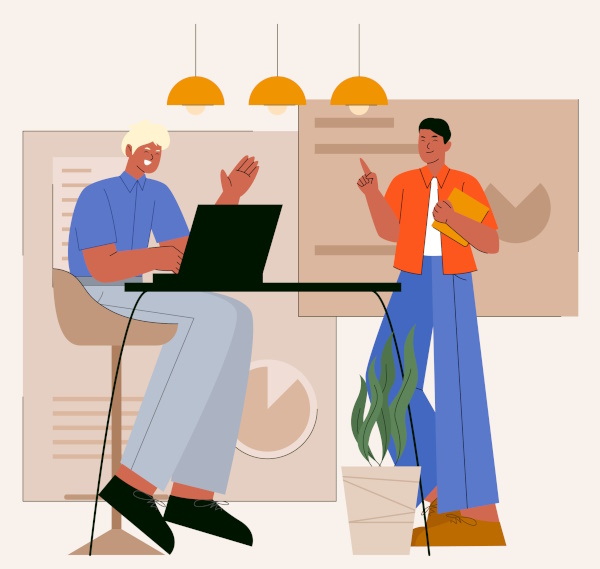 Graphic of two men with computer screens behind them, one man holding a document folder and the other working on a laptop to represent SLA for Software.