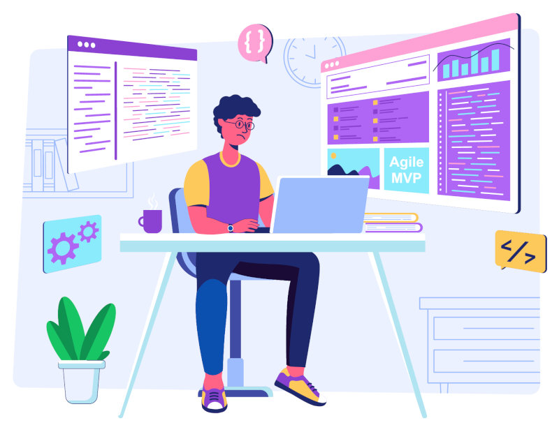 Graphic of a man working with a laptop and showing development of an agile MVP.