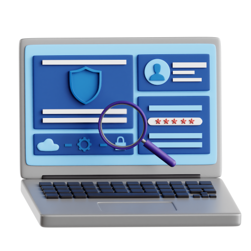 3D image of a laptop and magnifier, searching a computer.