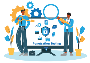 Graphic showing people doing penetration testing with a large monitor icons and the wording.