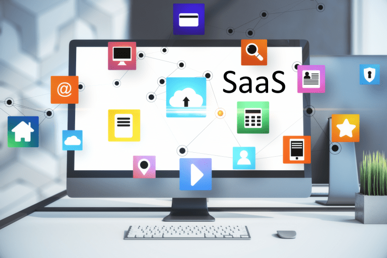 Photo of a computer monitor with symbols and SaaS to represent SaaS companies and SaaS meaning.