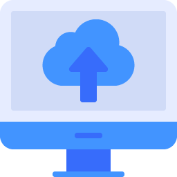Blue icon of monitor and cloud with upwards arrow on it.