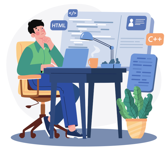 Graphic of a man sat at a desk with a laptop and computer code on a screen behind him.