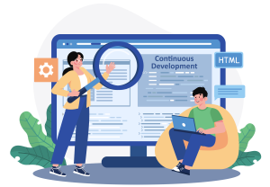 Graphic of male and female with large monitor behind them, working on continuous development, continuous delivery and continuous integration.