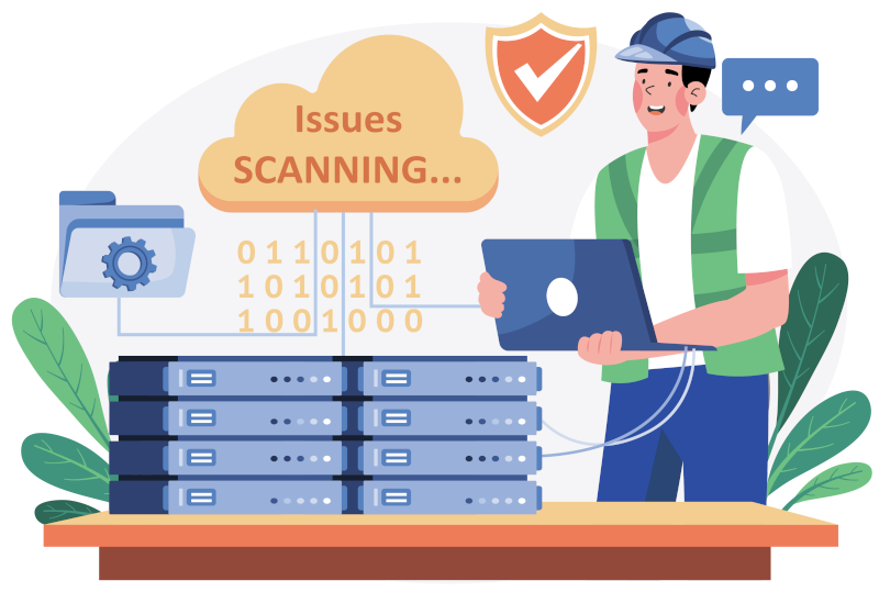 Graphic of a man with laptop and server and a cloud showing issues scanning.