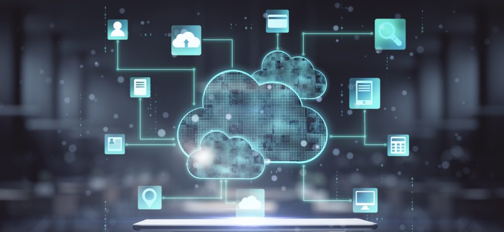 Photo of a blurred office with overlay of a cloud and computer icons, to represent managed cloud service providers.