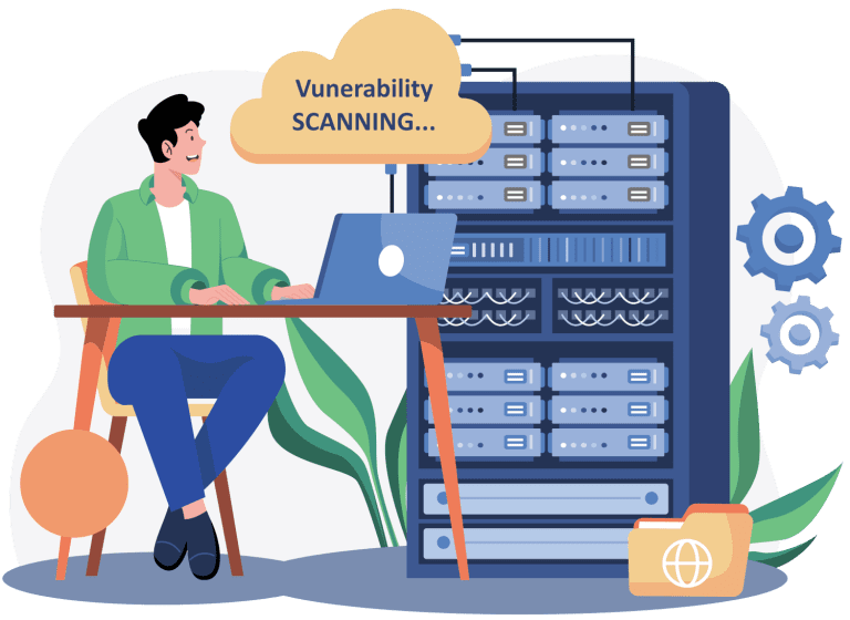 Graphic of a man with a laptop and a server stack to represent vulnerability scanning.