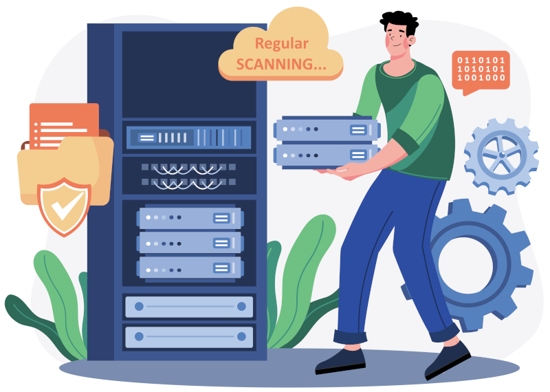 Graphic of a man with a server stack and a cloud saying vulnerability scanning.