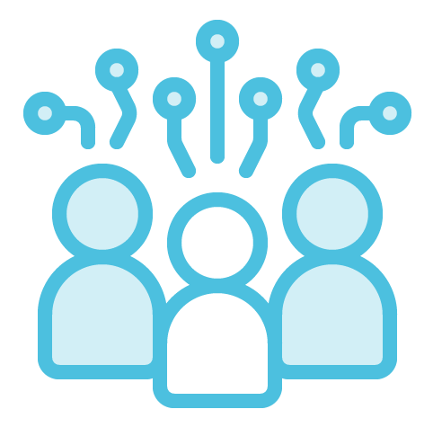 Icon of three very simple graphic of people x 3 and nodes.