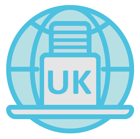Icon of world with a building in front of it, on the building is text of the UK.