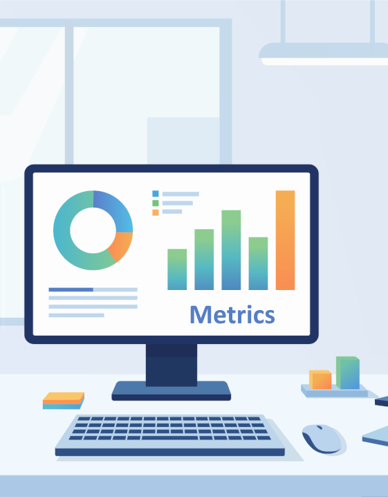 Graphic of a monitor and keyboard, with graphs on the monitor screen and the word Metrics.