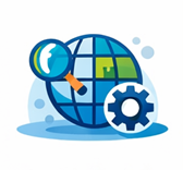 Icon showing a world and magnifier.