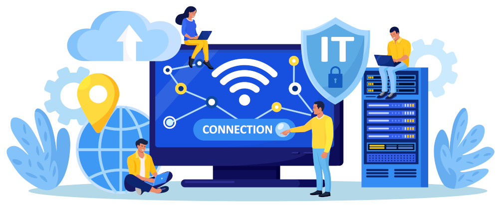 Graphic showing a large monitor connecting to the internet, a world, a server and a large shield with the word IT on it, representing an IT Outsourcing Team.