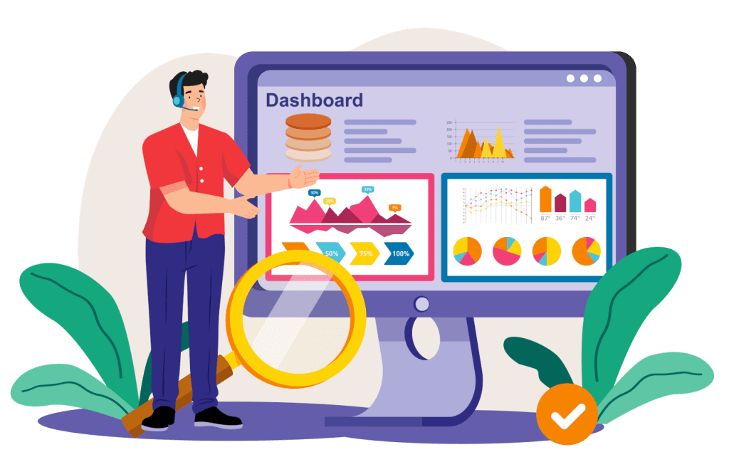 Graphic of man looking at a dashboard UI on an oversized computer monitor.