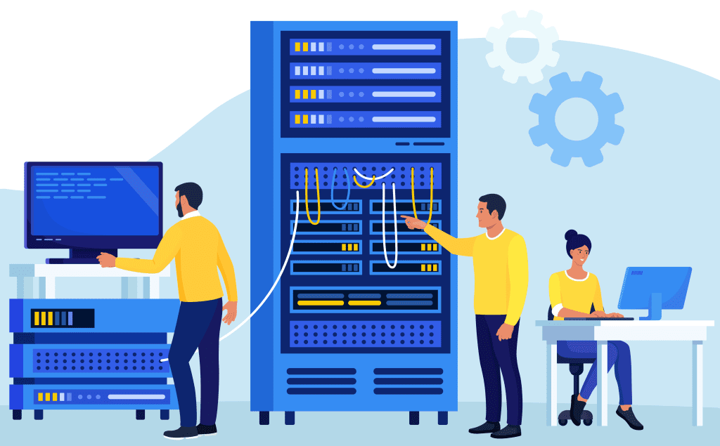 Graphic of woman at a desk with computer, a man with a monitor and code and a large server and a man in the maintaining the server.