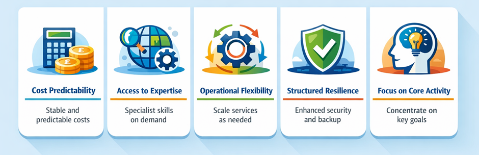 Infographic showing the 5 why businesses choose IT outsourcing.