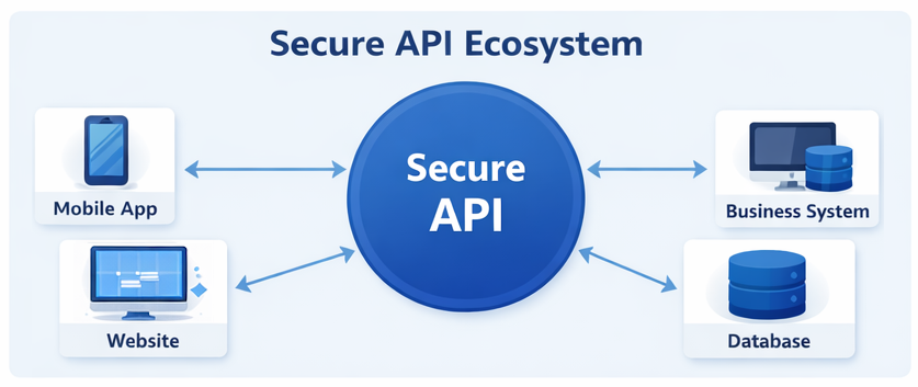 Infographic of a secure API, with various items connected to it, such as mobile phone, website, database and business computer systems.
