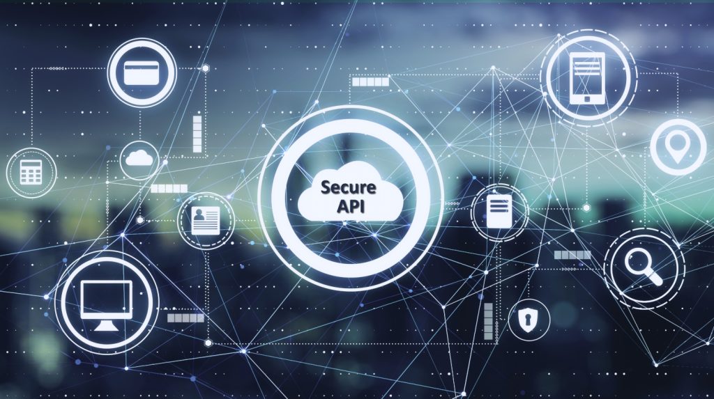 Photo of digital infrastructure overlaid by digital icons and Secure API on a cloud icon in the center of the photo.